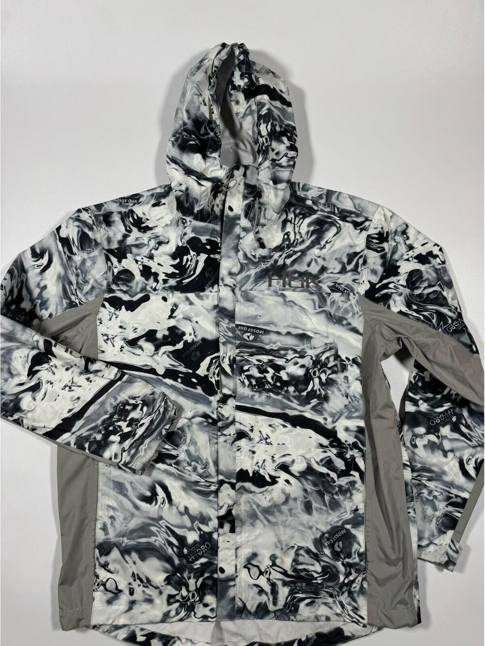 HUK Mossy Oak Fishing Rain Jacket Men’s Large Waterproof Hooded Shell